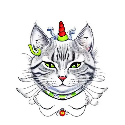 on skin material depicting a clown cat  that is split in two having one side be Kuromi from hello kitty with The other s tattoo design idea