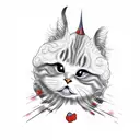 on skin material depicting a clown cat  that is split in two having one side be Kuromi from hello kitty with The other s tattoo design idea