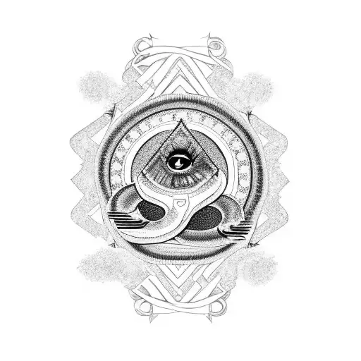 Black&white tattoo with elements including Ouroboros snake, cosmos, existence tattoo design idea