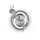 Black&white tattoo with elements including Ouroboros snake, cosmos, existence tattoo design idea