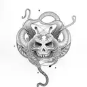 Black&white tattoo with elements including Ouroboros snake, cosmos, existence tattoo design idea