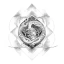 Black&white tattoo with elements including Ouroboros snake, cosmos, existence tattoo design idea