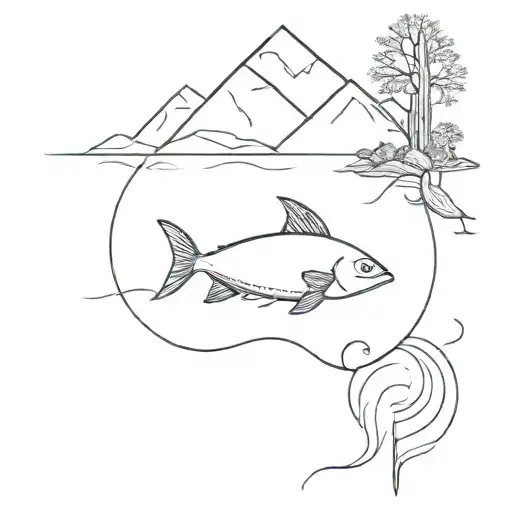 A lone fish swimming in a vast ocean surrounded by mountains and trees, symbolizing solitude and freedom in nature tattoo design idea
