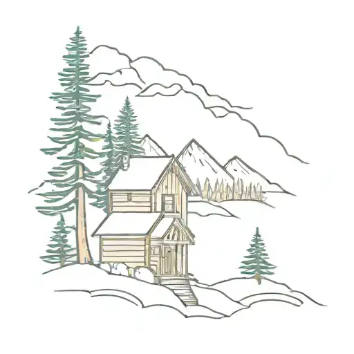 A cozy cabin tattoo surrounded by pine trees and mountains, representing the client's love for home and hiking tattoo design idea