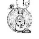 running rabbit with pocket watch inside a japanese moon tattoo design idea