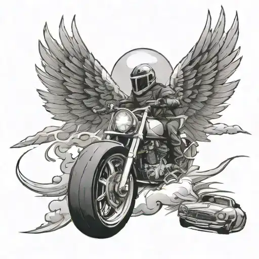 A drifting car with wings and a halo, representing the thrill of speed and the protection of a higher power tattoo design idea