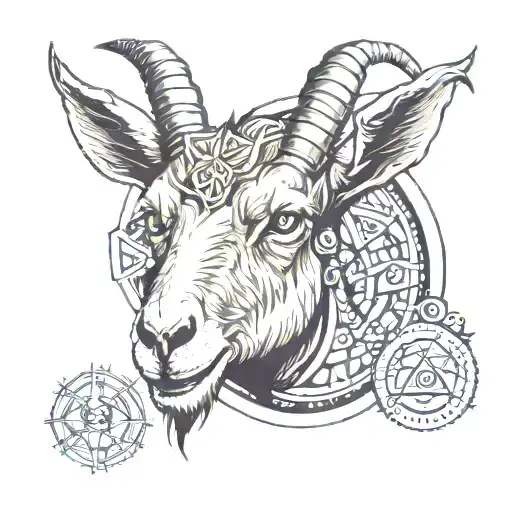 an angry goat that has illuminati and mason details tattoo design idea