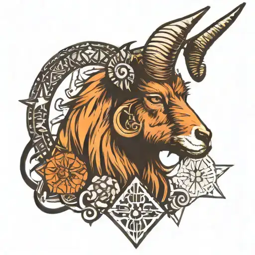 an angry goat that has illuminati and mason details tattoo design idea