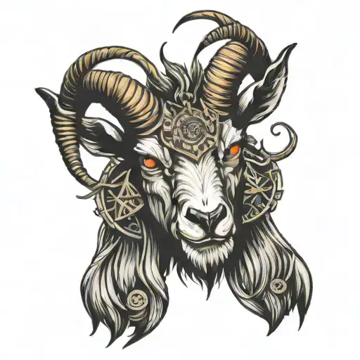an angry goat that has illuminati and mason details tattoo design idea