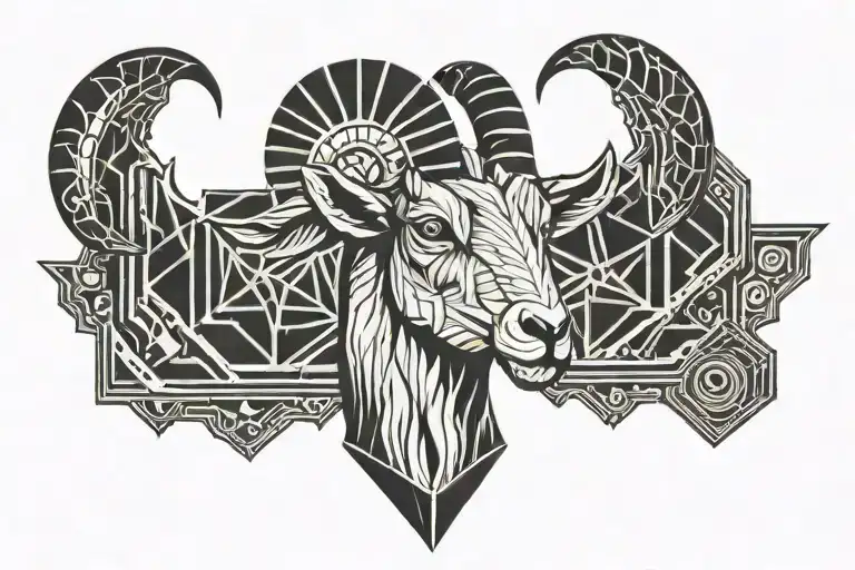 an angry goat that has illuminati and mason details tattoo design idea