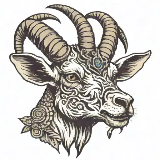 an angry goat that has illuminati and mason details tattoo design idea
