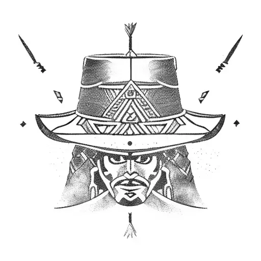 An Aztec warrior wearing a sombrero while holding a hammer and standing in front of a pyramid tattoo design idea