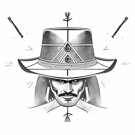 An charro revolutionary soldier wearing a sombrero covers his ewhile holding a hammer in 3d and a screw gun in the other tattoo design idea