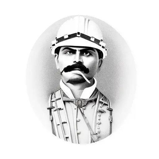 mess a construction worker with emiliano zapata. hard hat shadow covering eyes. safety harness and screw gun for pistal  tattoo design idea