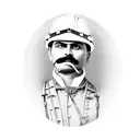 mess a construction worker with emiliano zapata. hard hat shadow covering eyes. safety harness and screw gun for pistal  tattoo design idea