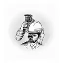 mess a construction worker with emiliano zapata. hard hat shadow covering eyes. safety harness and screw gun for pistal  tattoo design idea