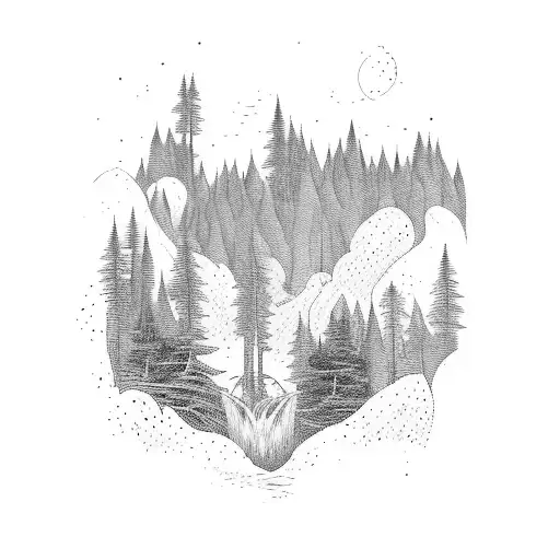 forest with river and waterfall with kayaker  tattoo design idea