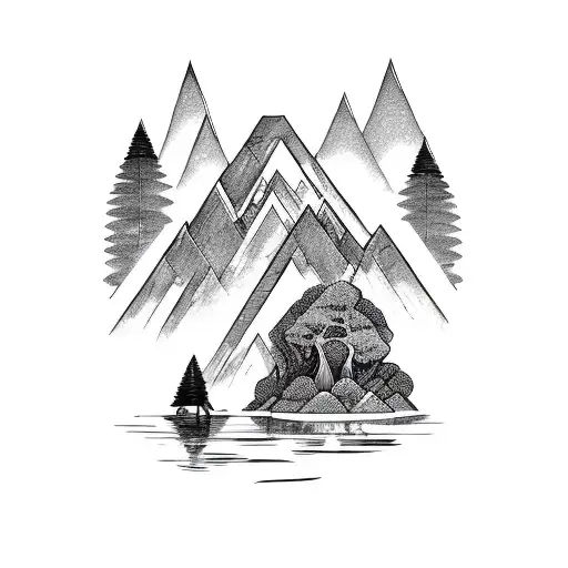 forest with river and waterfall with kayaker  tattoo design idea