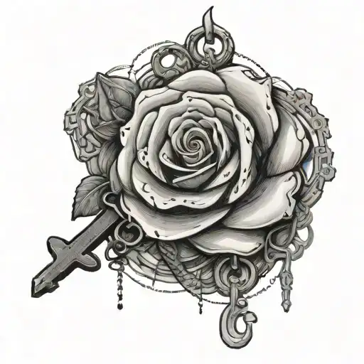 one rose, one key with chains, one open shell, bdsm tattoo design idea