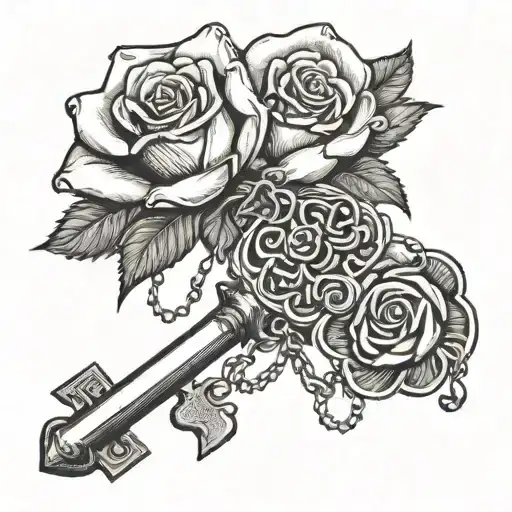 one rose, one key with chains, one open shell, bdsm tattoo design idea