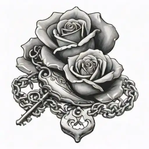 one rose, one open shell, a key with chains  tattoo design idea