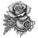 one rose, one open shell, a key with chains  tattoo design idea