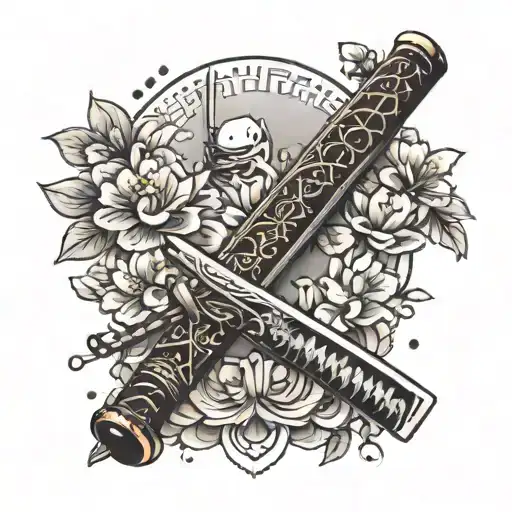 A traditional Japanese katana with intricate cherry blossom patterns and a pixelated video game controller handle tattoo design idea