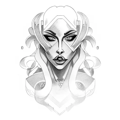 A fierce female fatale character driving a futuristic car tattoo design idea