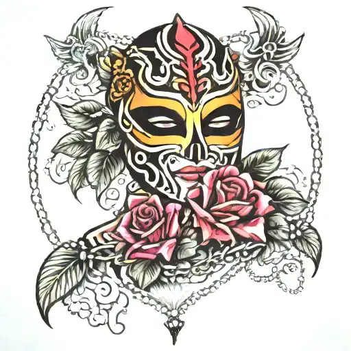 Rey mysterio mask and roses and rosary  tattoo design idea