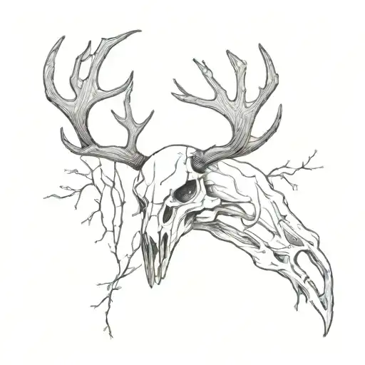 A dead deer skull on the ground that still has its antlers and a crow is on the dead deers antlers  tattoo design idea