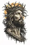 Jesus surrounded by dark clouds, with a crown of thorns on his head and fire coming out of his eyes tattoo design idea