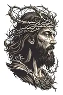 Jesus surrounded by dark clouds, with a crown of thorns on his head and fire coming out of his eyes tattoo design idea
