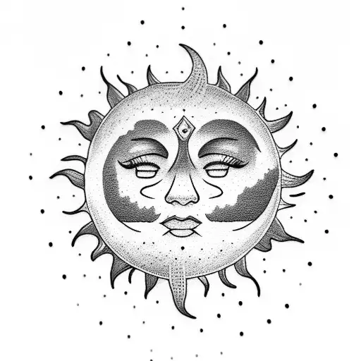A dotwork tattoo of a best friend handshake with a sun and moon background, representing eternal friendship tattoo design idea
