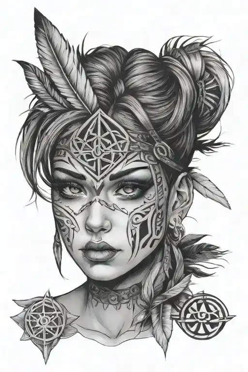a girl w cold looking face, covering her face with some feather, a solid triquetra symbol on forehead, tattoo design idea