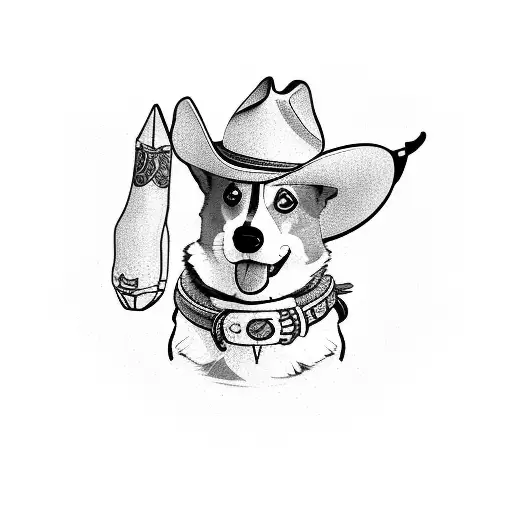 A corgi wearing a cowboy hat and holding a lasso tattoo design idea