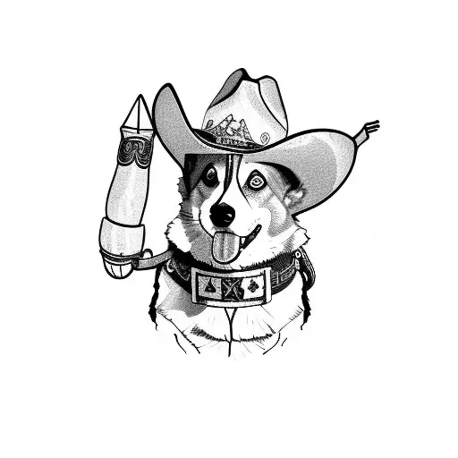 A corgi wearing a cowboy hat and holding a lasso tattoo design idea