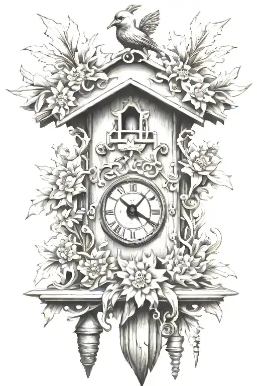 cuckoo clock heavily German influenced with edelweiss flowers no birds tattoo design idea