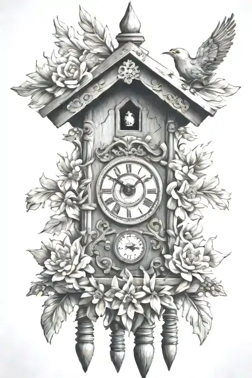 cuckoo clock heavily German influenced with edelweiss flowers no birds tattoo design idea