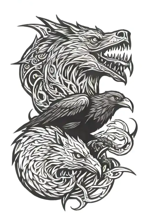 A raven and a wolf (fenrir) for a sword, and a sword (jormungandr) that wraps around it  tattoo design idea