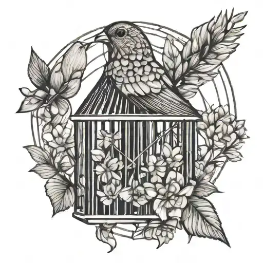 heart in a bird cage with flowers growing out of it tattoo design idea