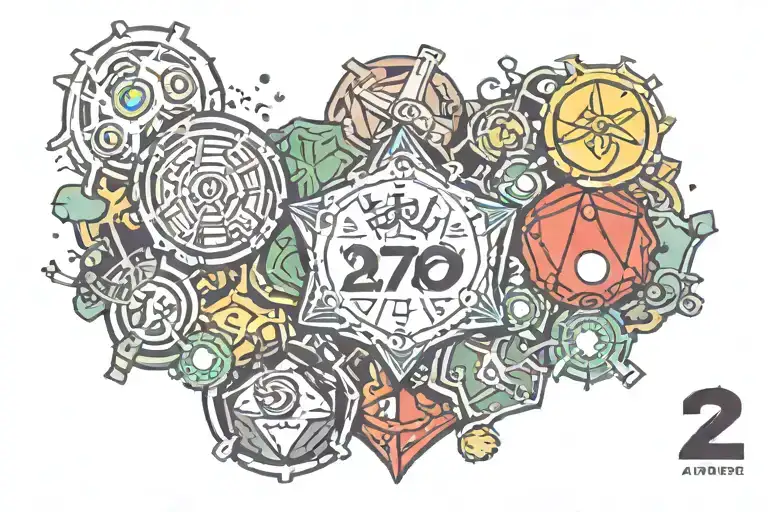 I want a tattoo that has references to the following: A 20 sided die, a fallout bottle cap, a starter pokémon, avatar th tattoo design idea