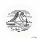 te mata peak New Zealand. with a surfboard and an anchor with table mountain  tattoo design idea