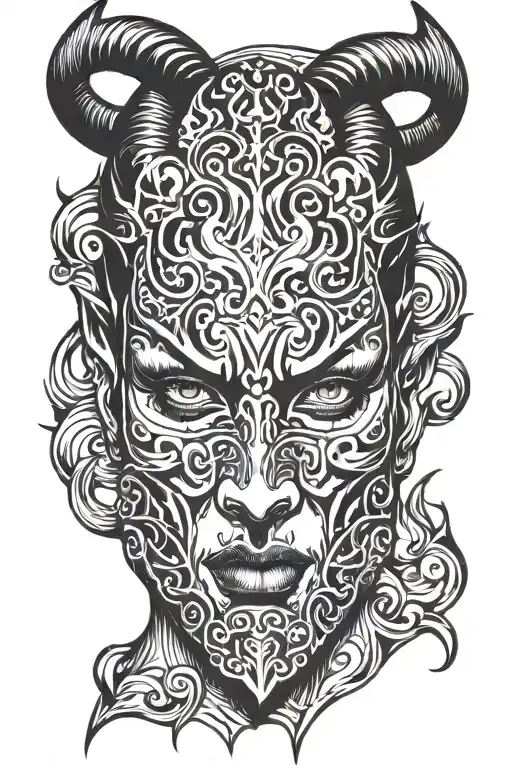 Devil masked by pretty woman face tattoo design idea