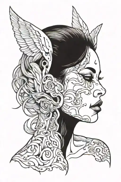 woman peeling face off to reveal demon half angel tattoo design idea