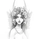 Angelic sister: Innocence, flowers, serenity, gentle, light. Demon sister: Attitude, flames, bold, edgy, dark, dynamic.  tattoo design idea