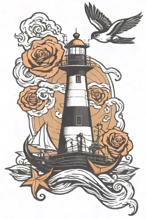 stormy sea anchor lighthouse swallow flying tattoo design idea