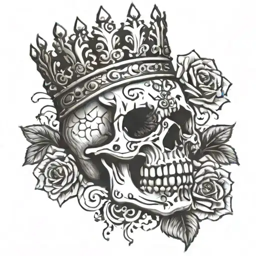 skull wearing crown with rose in its eye  tattoo design idea