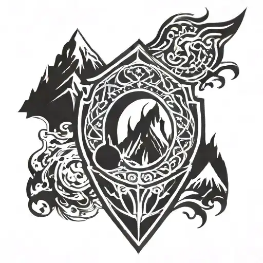 a flaming shield adorned with a mountain range tattoo design idea