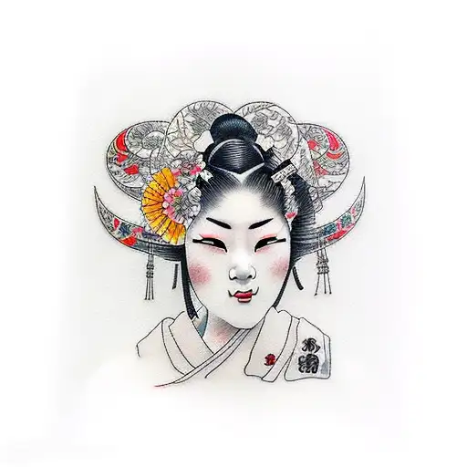 Geisha with Irezumi, Full Back Tattoos Portrait in Traditional Japanese +  Anime Style