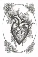 abrstact heart with shining halo above it with the words in handwritting font written in the middle "Greer" tattoo design idea